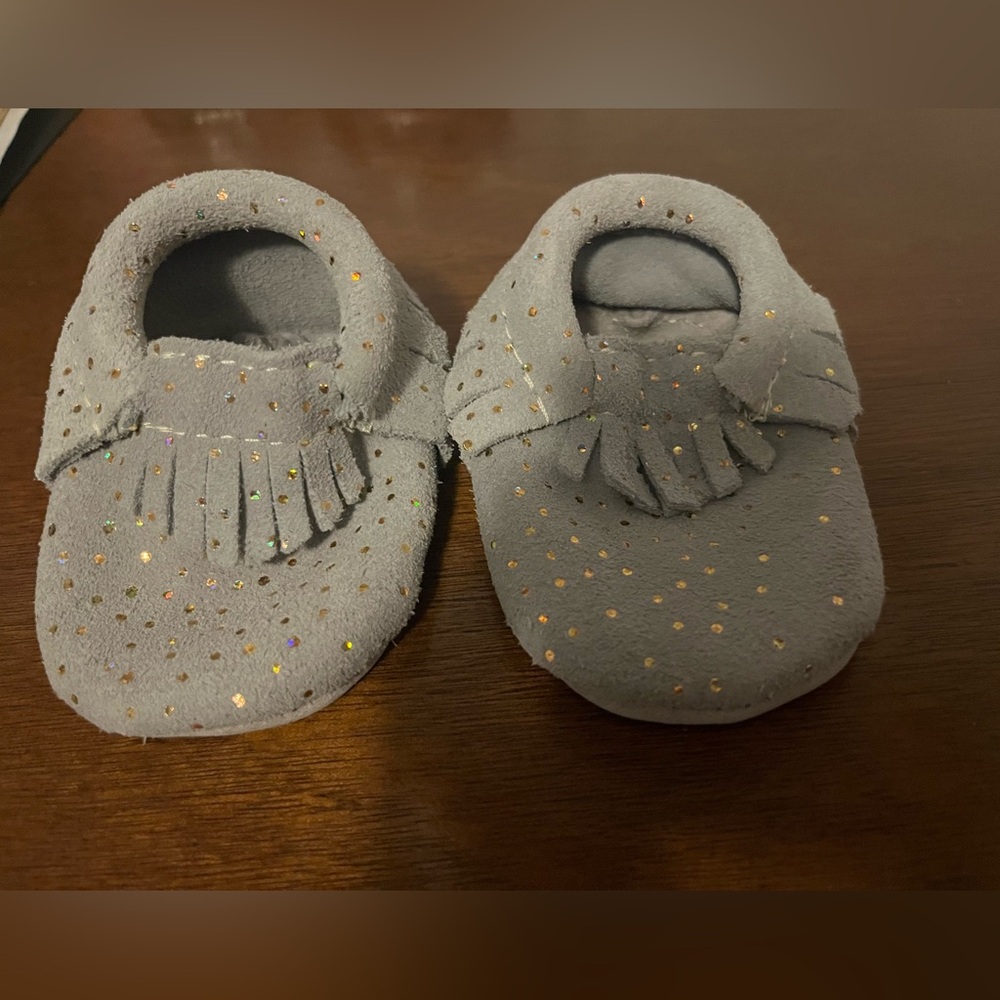 Freshly picked Gray Baby Moccasins shoe with sparkly polka Dots size one